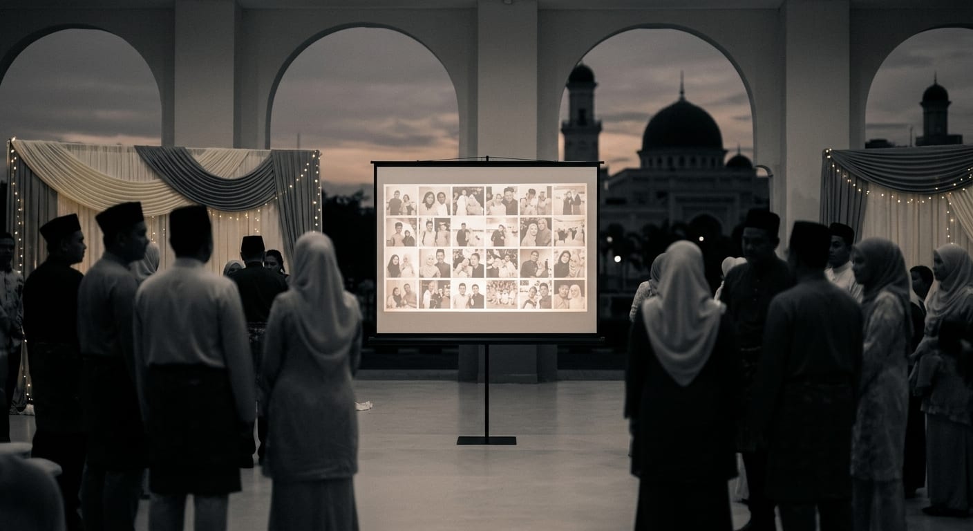Guests watching the live photo wall on a screen at the reception